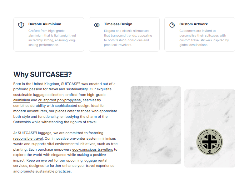 Webpage layout showcasing SUITCASEƎ eco-friendly luxury luggage landing page with why suitcasee information by Bath Digital Marketing Agency
