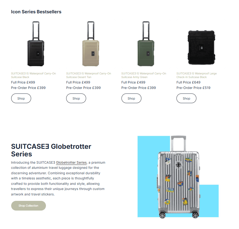Webpage layout showcasing SUITCASEƎ eco-friendly luxury luggage landing page with globetrotter series luggage banner by Bath Digital Marketing Agency