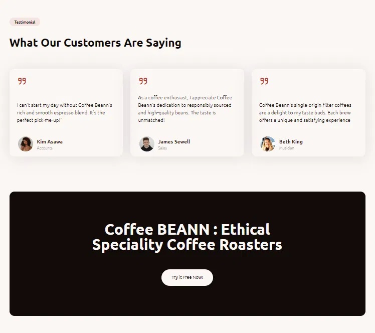 A testimonial section titled "What Our Customers Are Saying," featuring quotes from three customers praising Coffee BEANN's espresso blend and commitment to quality, with a call-to-action button to try the coffee. Bath Digital Marketing Agency