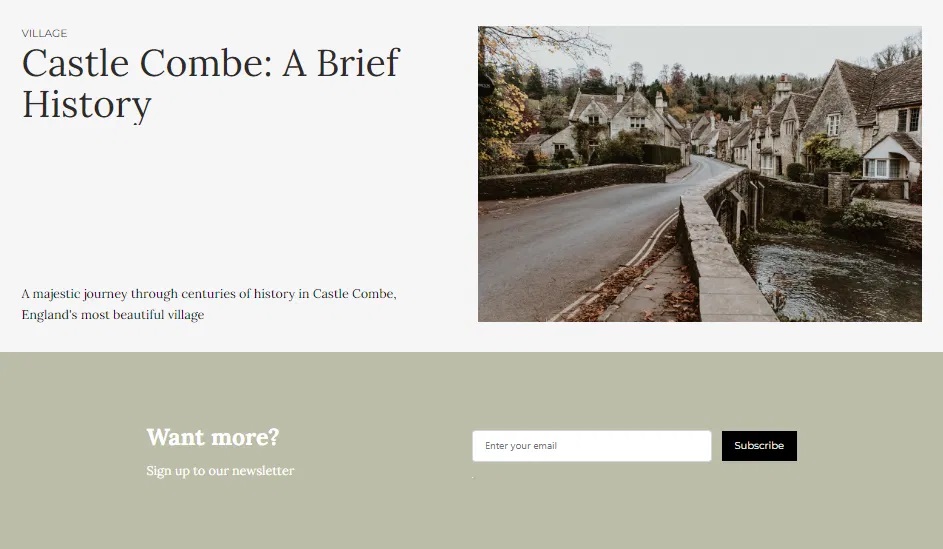A webpage titled "Castle Combe: A Brief History," featuring a scenic image of the village and a subscription form for a newsletter at the bottom. Bath Digital Marketing Agency