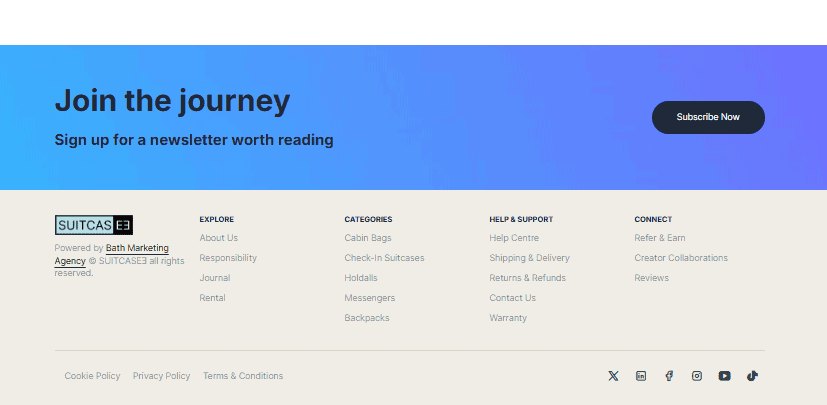 Webpage layout showcasing SUITCASEƎ eco-friendly luxury luggage landing page footer section featuring links for "About Us" and "Privacy Policy," and copyright information for Suitcasee by Bath Digital Marketing Agency