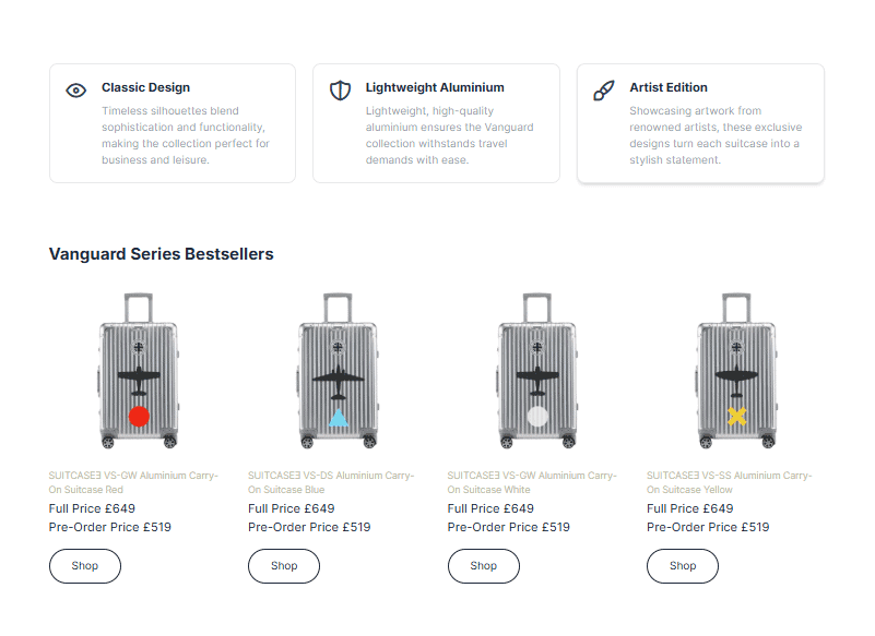 Webpage layout showcasing SUITCASEƎ eco-friendly luxury luggage landing page with vanguard series aluminium designer suitcases by Bath Digital Marketing Agency