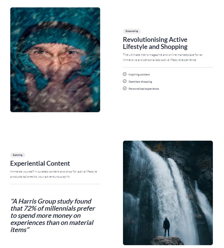 A webpage section titled "Revolutionising Active Lifestyle and Shopping," featuring an image of a man in a hooded jacket, alongside descriptions of inspiring content, seamless shopping, and experiential content tailored for an adventurous lifestyle. Bath Digital Marketing Agency