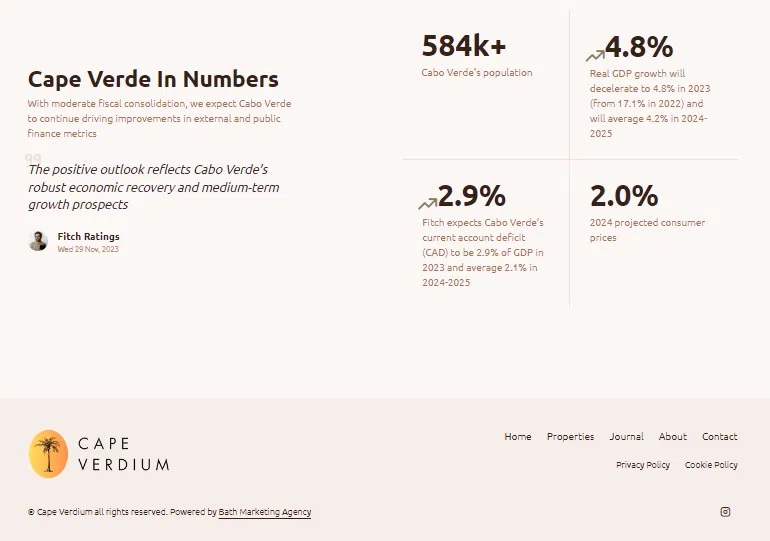 A webpage section titled "Cape Verde In Numbers," presenting statistical data about Cabo Verde's population, economic forecasts, and growth prospects, including figures for GDP and contributions to the economy, alongside a note from Fitch Ratings. Bath Digital Marketing Agency
