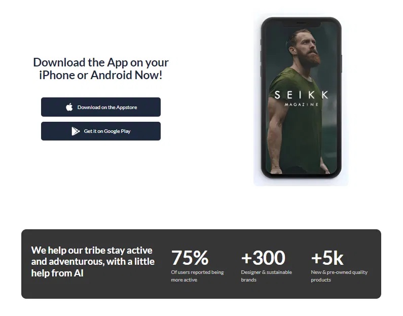 A promotional section for downloading the SEIKK magazine app on iPhone or Android, featuring an image of a man on the app's cover, along with statistics about user activity and the number of brands offered. Bath Digital Marketing Agency