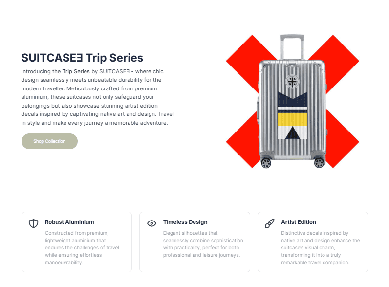 Webpage layout showcasing SUITCASEƎ eco-friendly luxury luggage landing page with trip series luggage banner by Bath Digital Marketing Agency