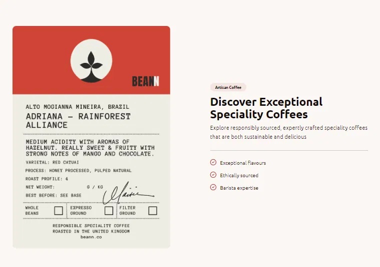 A webpage section featuring a coffee label for "Ariana - Rainforest Alliance" from Brazil, highlighting its medium acidity, hazelnut aroma, and notes of mango and chocolate, alongside a title promoting exceptional specialty coffees. Bath Digital Marketing Agency