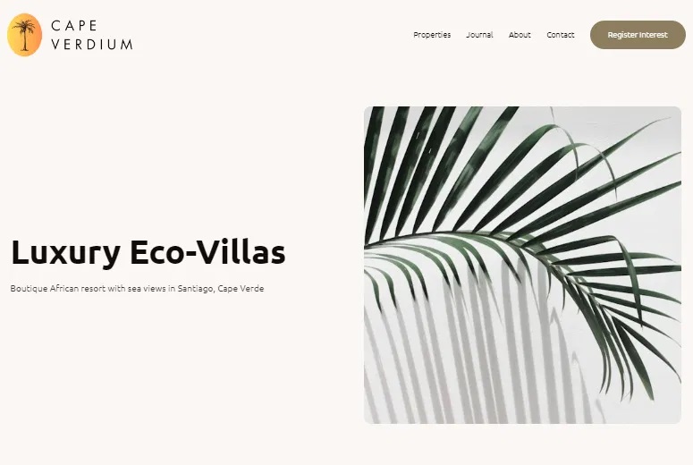 Homepage of Cape Verdiun, highlighting luxury eco-villas in Santiago, Cape Verde, with a background image of a green palm leaf. Bath Digital Marketing Agency