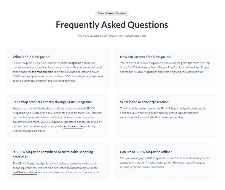 A webpage section titled "Frequently Asked Questions," addressing common queries about SEIKK Magazine, including its features, app access, product shopping, AI concierge services, sustainability practices, and offline access options. Bath Digital Marketing Agency