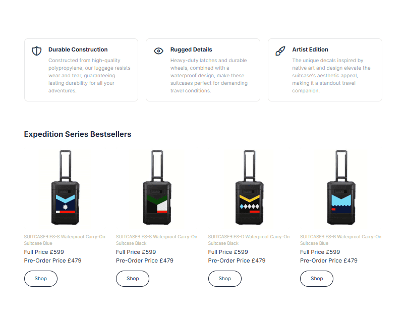 Webpage layout showcasing SUITCASEƎ eco-friendly luxury luggage landing page with expedition series waterproof suitcases by Bath Digital Marketing Agency