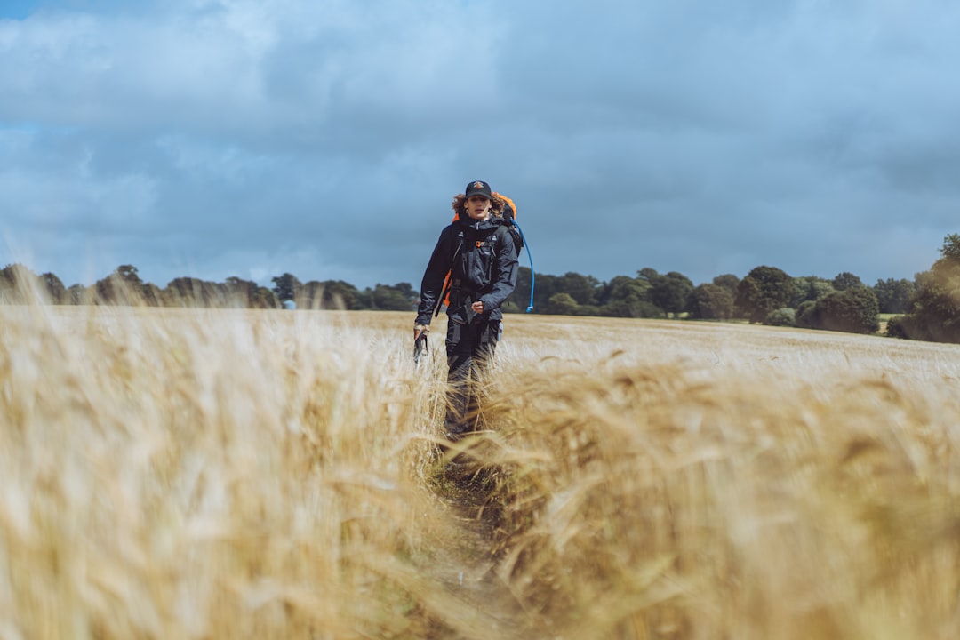 A person walking through a golden field of wheat, carrying a backpack and a walking stick, under a partly cloudy sky. Bath Digital Marketing Agency