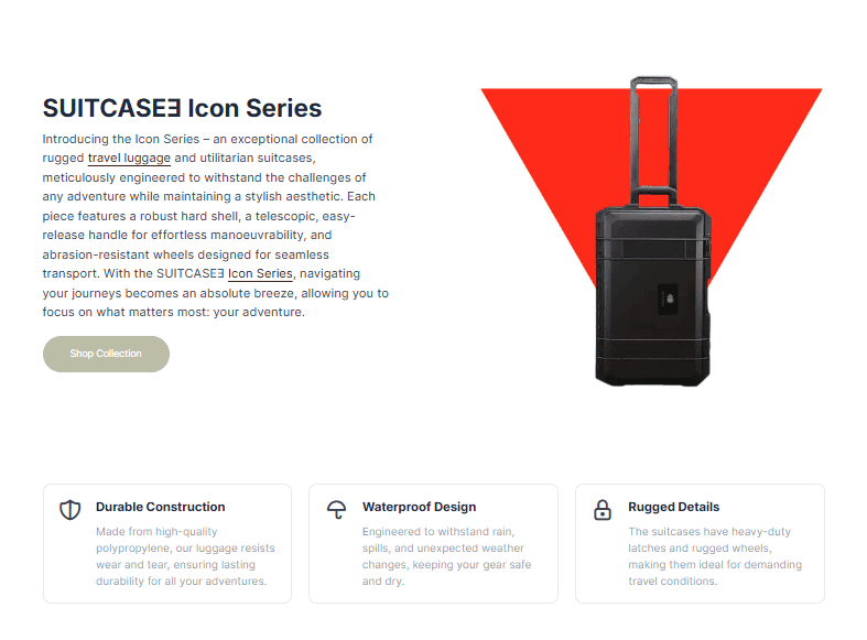 Webpage layout showcasing SUITCASEƎ eco-friendly luxury luggage landing page with icon series luggage banner by Bath Digital Marketing Agency