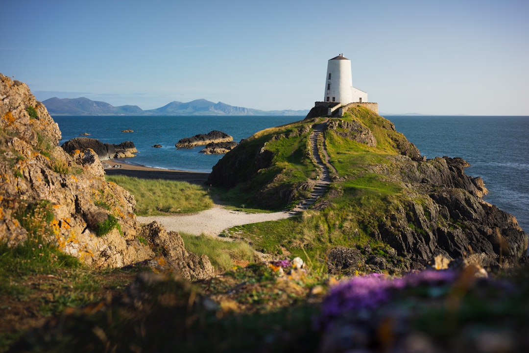A lighthouse perched on a grassy hill overlooking the sea, surrounded by rocky shores and distant mountains under a clear sky.  Bath Digital Marketing Agency