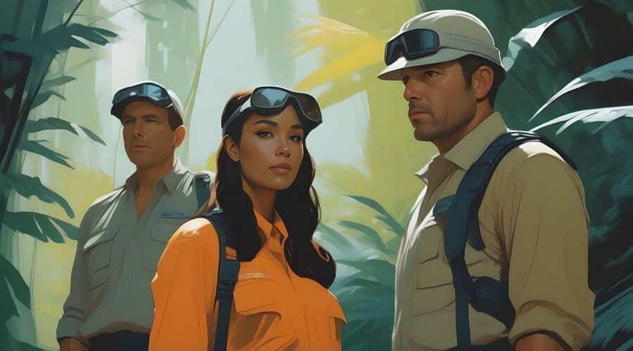 Three individuals in outdoor attire, including hats and sunglasses, stand in a lush jungle setting. Bath Digital Marketing Agency