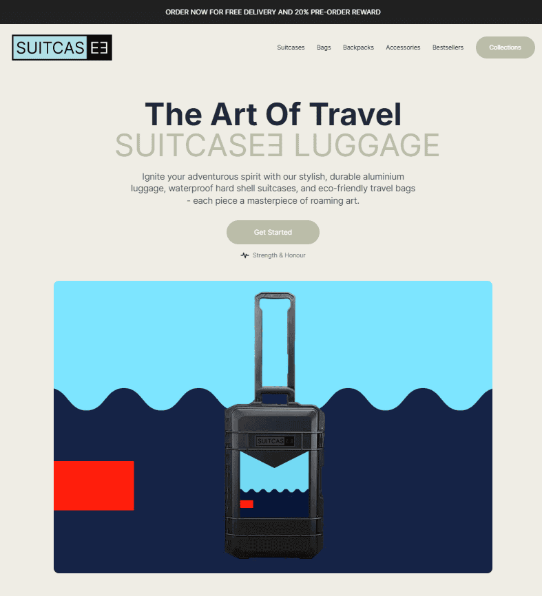 Webpage layout showcasing SUITCASEƎ eco-friendly luxury luggage landing page with Biarritz suitcase banner by Bath Digital Marketing Agency