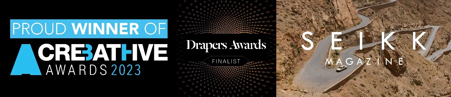 A banner showcasing three sections: "Proud Winner of Creative Awards 2023," a "Drapers Awards Finalist" logo, and the logo for SEIKK Magazine with a winding road image Bath Digital Marketing Agency