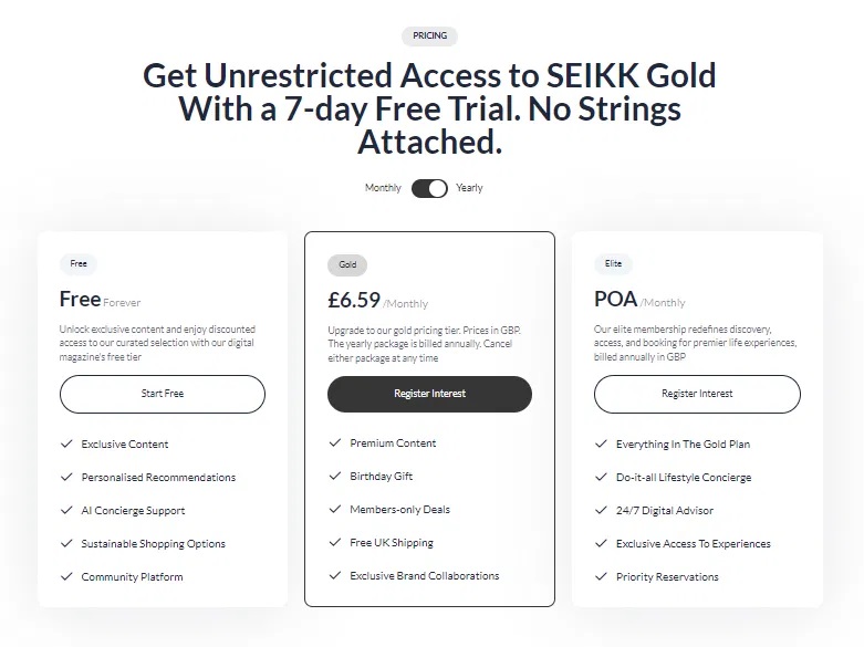 A pricing section for SEIKK Gold, offering a 7-day free trial with options for monthly and yearly subscriptions, detailing features such as exclusive content, personal recommendations, and additional benefits for subscribers. Bath Digital Marketing Agency