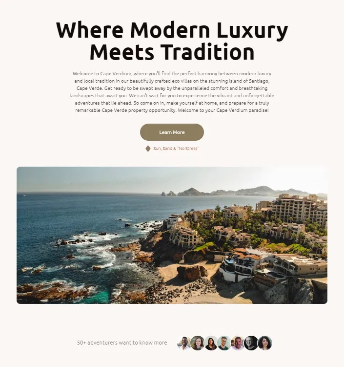A webpage header that reads "Where Modern Luxury Meets Tradition," introducing Cape Veridium, a resort offering eco villas on Santiago Island, with an inviting description and a "Learn More" button. Bath Digital Marketing Agency