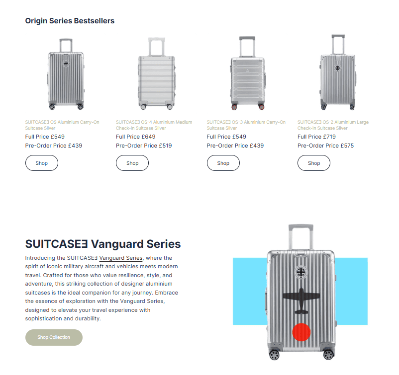 Webpage layout showcasing SUITCASEƎ eco-friendly luxury luggage landing page with vanguard series luggage banner by Bath Digital Marketing Agency