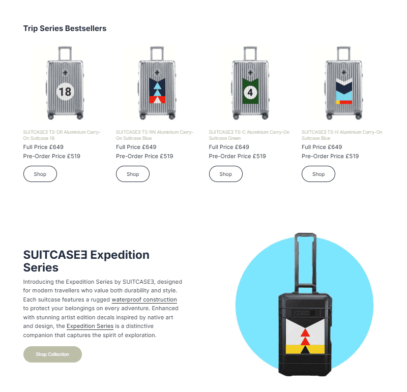 Webpage layout showcasing SUITCASEƎ eco-friendly luxury luggage landing page with expedition series luggage banner by Bath Digital Marketing Agency