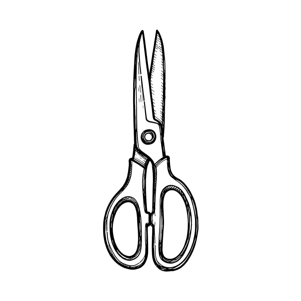 A black and white line illustration of a pair of scissors. Website and branding development by Bath Digital Marketing Agency