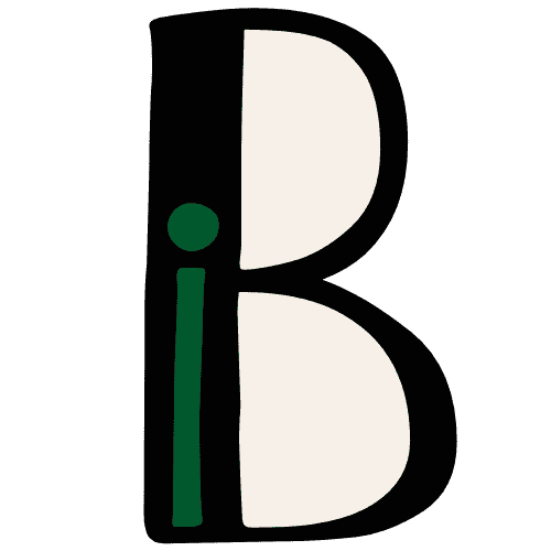 Stylized letter B logo with a black left half and off-white right half, featuring a green 'i' symbol on the black side. Website and branding development by Bath Digital Marketing Agency