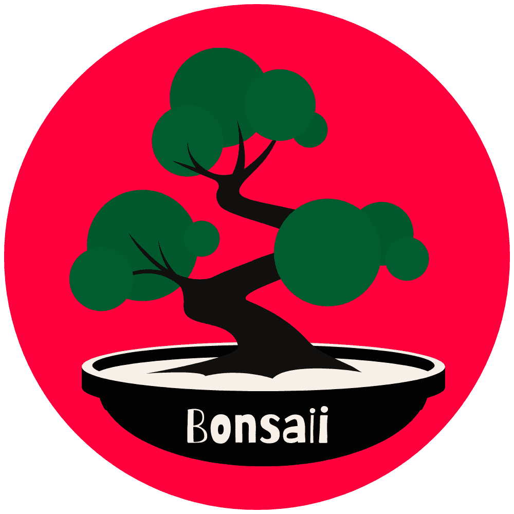 A logo for "Bonsaii" featuring a dark green, stylized bonsai tree in a black pot, set against a bright red circular background. The brand name "Bonsaii" is written in white text on the pot by Bath Digital Marketing Agency