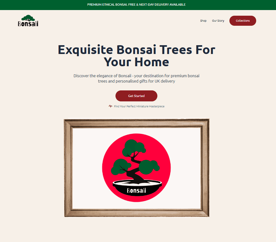 Screenshot of the Bonsaii website homepage, featuring the company logo and text promoting premium bonsai trees and personalized gifts for UK delivery by Bath Digital Marketing Agency