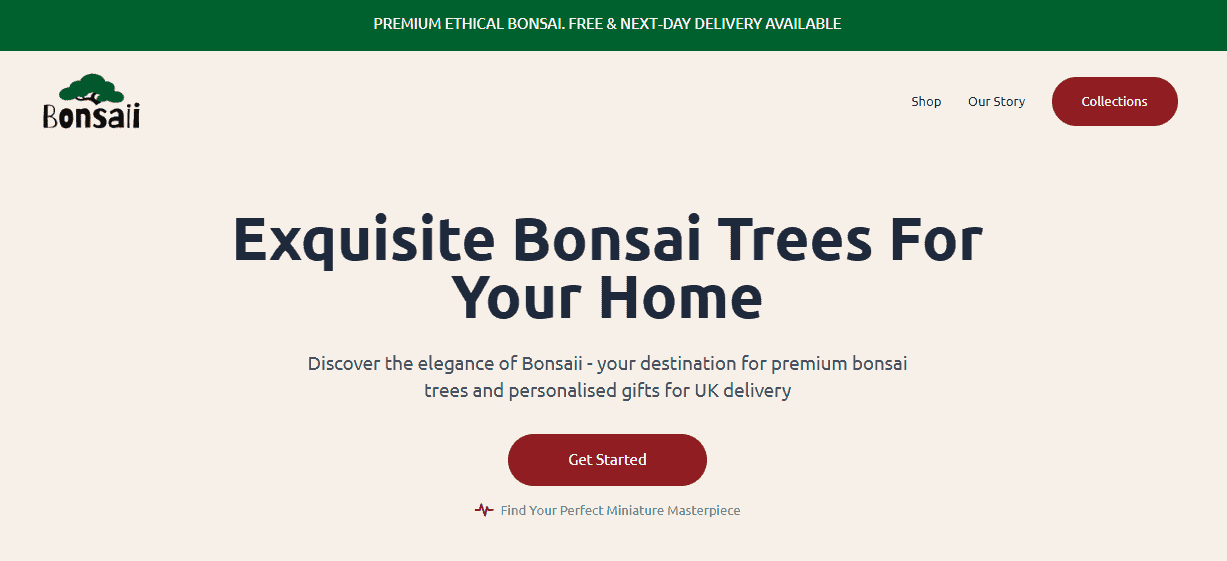 Screenshot of the Bonsaii website homepage featuring the headline 'Exquisite Bonsai Trees For Your Home' and navigation links by Bath Digital Marketing Agency