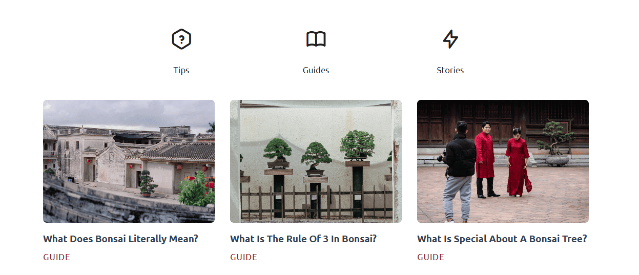 A website screenshot displaying a navigation bar with "Tips", "Guides", and "Stories" icons, and three article preview cards below by Bath Digital Marketing Agency