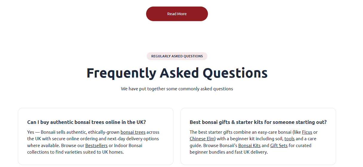 Frequently Asked Questions section of the Bonsaii website, featuring two questions about buying authentic bonsai trees online in the UK and recommendations for the best starter kits by Bath Digital Marketing Agency