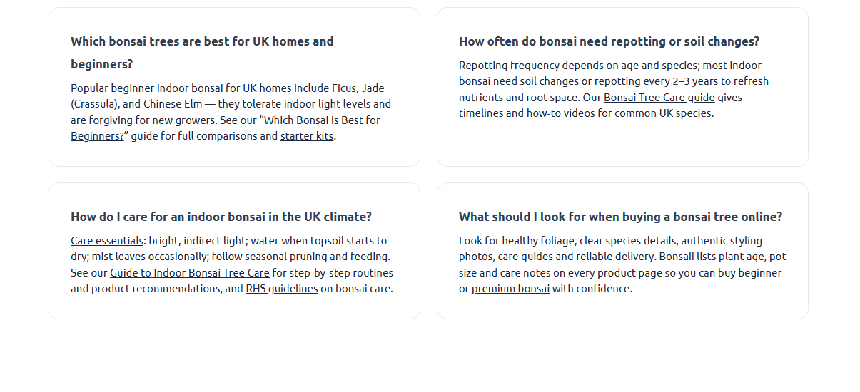Screenshot of a website interface with four content cards discussing beginner indoor bonsai trees for UK homes, care instructions, repotting frequency, and tips for buying online by Bath Digital Marketing Agency