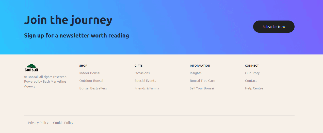 Webpage section with a blue and purple gradient banner that says 'Join the journey, Sign up for a newsletter worth reading' and a 'Subscribe Now' button by Bath Digital Marketing Agency