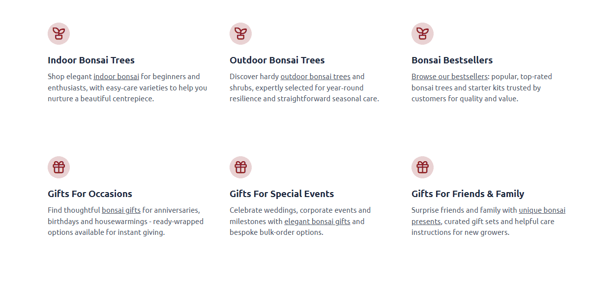 Categories for shopping bonsai trees and gifts, including Indoor Bonsai Trees, Outdoor Bonsai Trees, Bonsai Bestsellers, Gifts For Occasions, Gifts For Special Events, and Gifts For Friends & Family by Bath Digital Marketing Agency