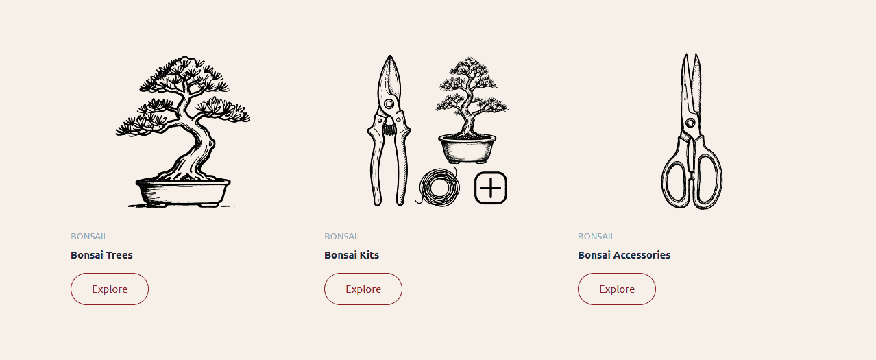 A promotional image for a bonsai store, divided into three sections. The left section features a large potted bonsai tree illustration, labelled 'Bonsai Trees' by Bath Digital Marketing Agency