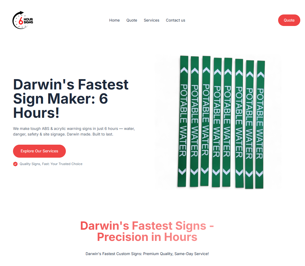 Homepage screenshot of 6 Hour Signs website, featuring Darwin’s fastest custom sign-making service with same-day turnaround for ABS and acrylic safety signage.