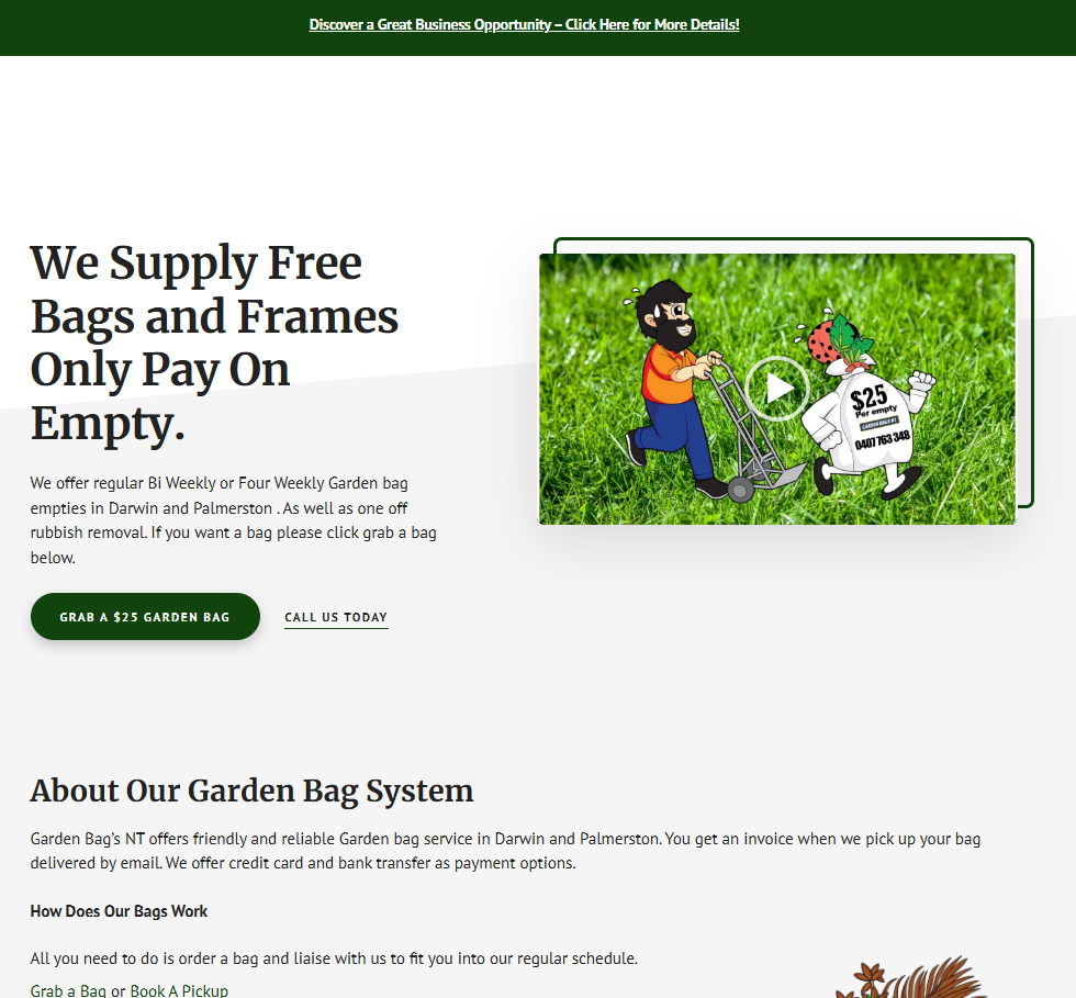 Screenshot of Al’s Garden Bags NT website homepage, featuring a cartoon man pulling a smiling garden bag with "$25 per empty" written on it, set on green grass. Headline reads "We Supply Free Bags and Frames Only Pay On Empty," with a button to grab a $25 garden bag.