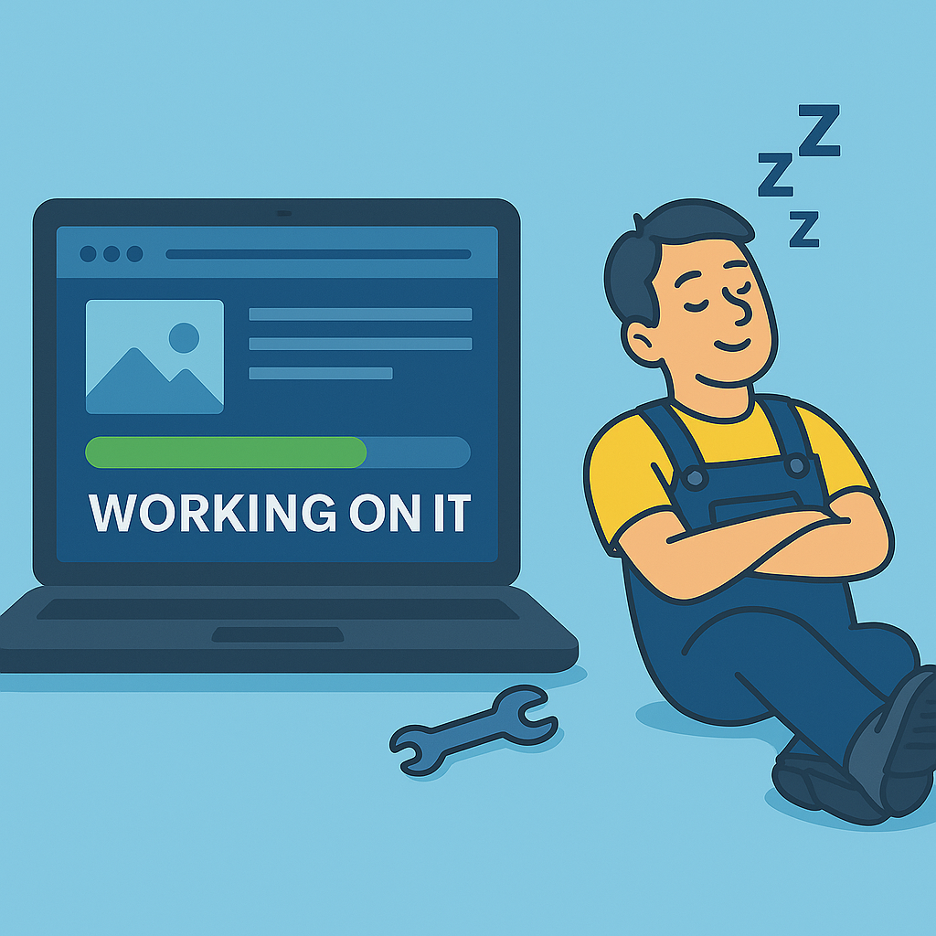 Illustration of a tradesman peacefully sleeping beside a working laptop displaying a website in progress – representing Fast Websites building sites while you rest.