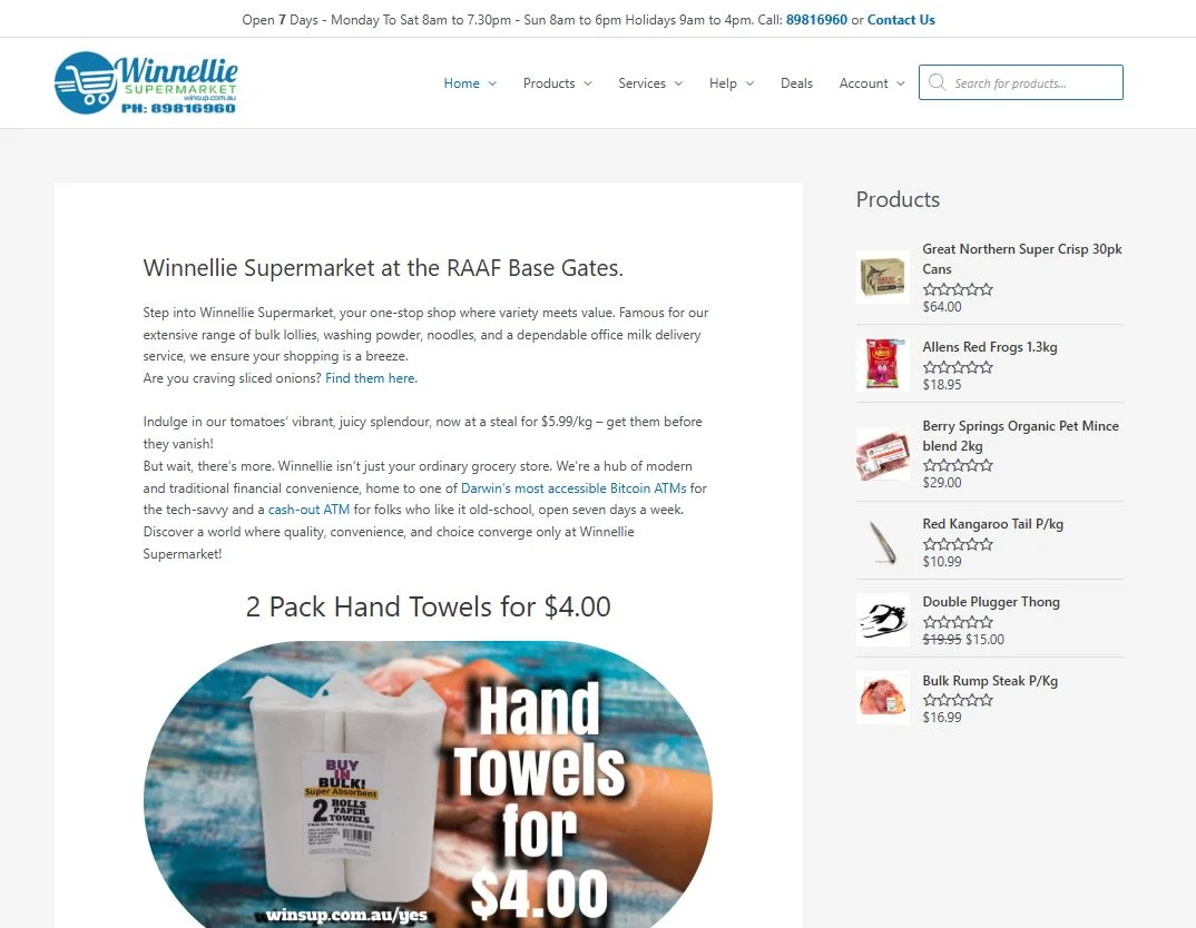 Winnellie Supermarket website with product specials and local grocery store layout