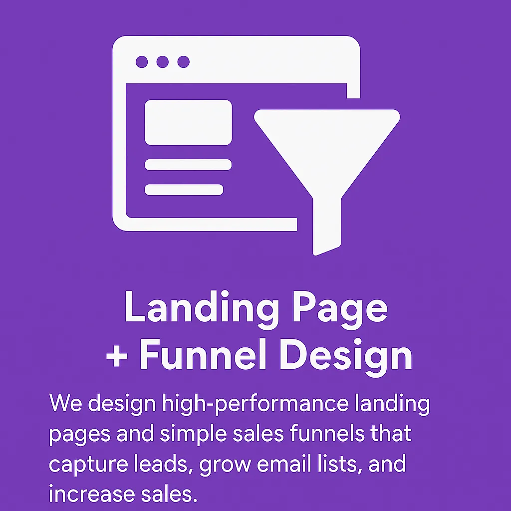 Landing page and sales funnel design graphic for FastWebsites, featuring a browser window and funnel icon on purple background to promote lead capture and conversions.