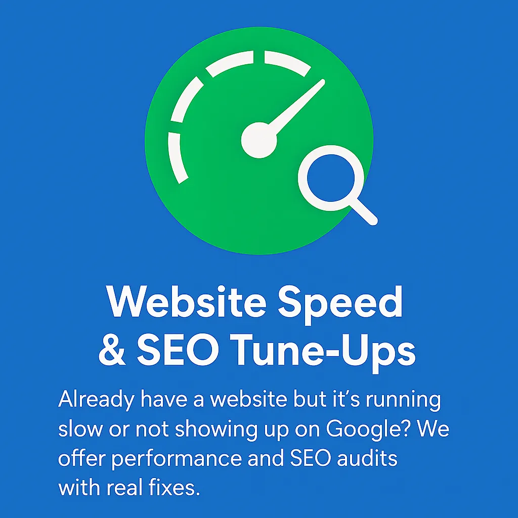 Website performance and SEO optimisation graphic for FastWebsites, with green speedometer and magnifying glass icon on a blue background.