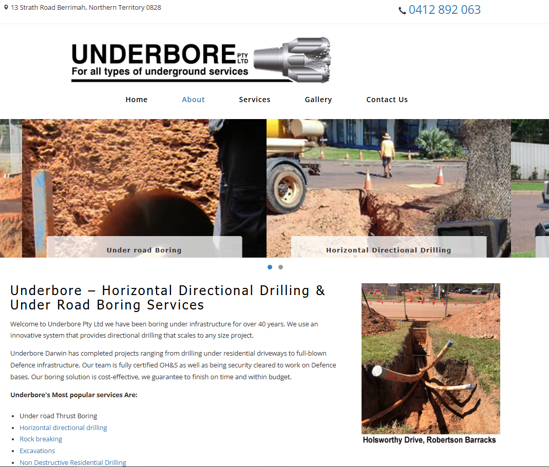 Homepage of Underbore Pty Ltd website featuring horizontal directional drilling, road boring visuals, and a service list for underground infrastructure work in Darwin.