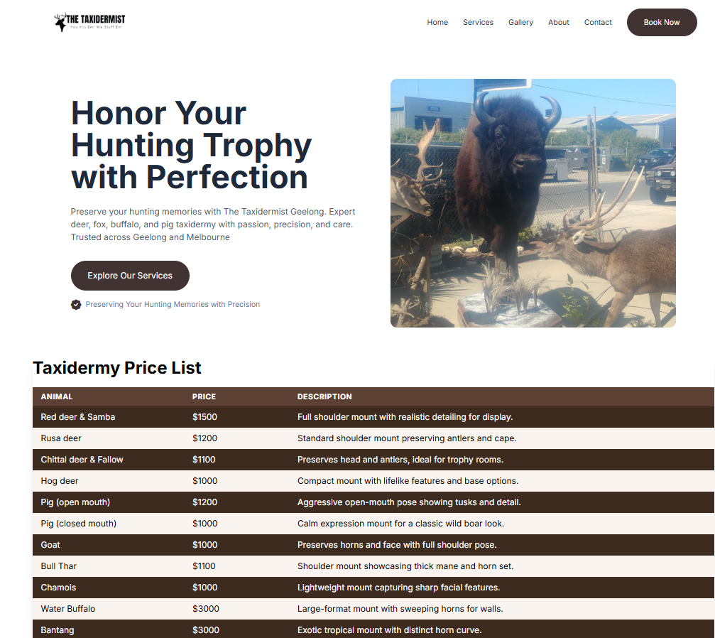 Homepage of The Taxidermist website, showcasing professional taxidermy services in Geelong with pricing for deer, buffalo, pigs, and exotic game mounts.