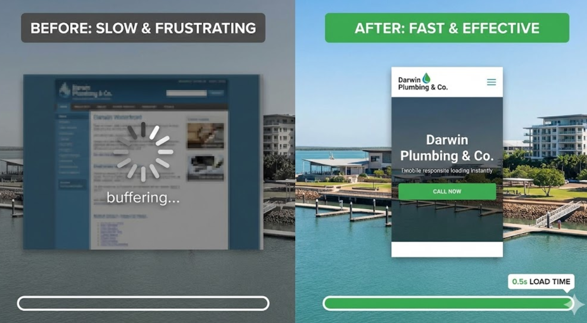 A split-screen infographic for fast websites web design darwin. The left side shows a blurred, "buffering" website over a dull Darwin waterfront, labeled "BEFORE: SLOW & FRUSTRATING." The right side shows a sharp, instantly loaded mobile site over a bright waterfront, labeled "AFTER: FAST & EFFECTIVE" with a "0.5s LOAD TIME" indicator.