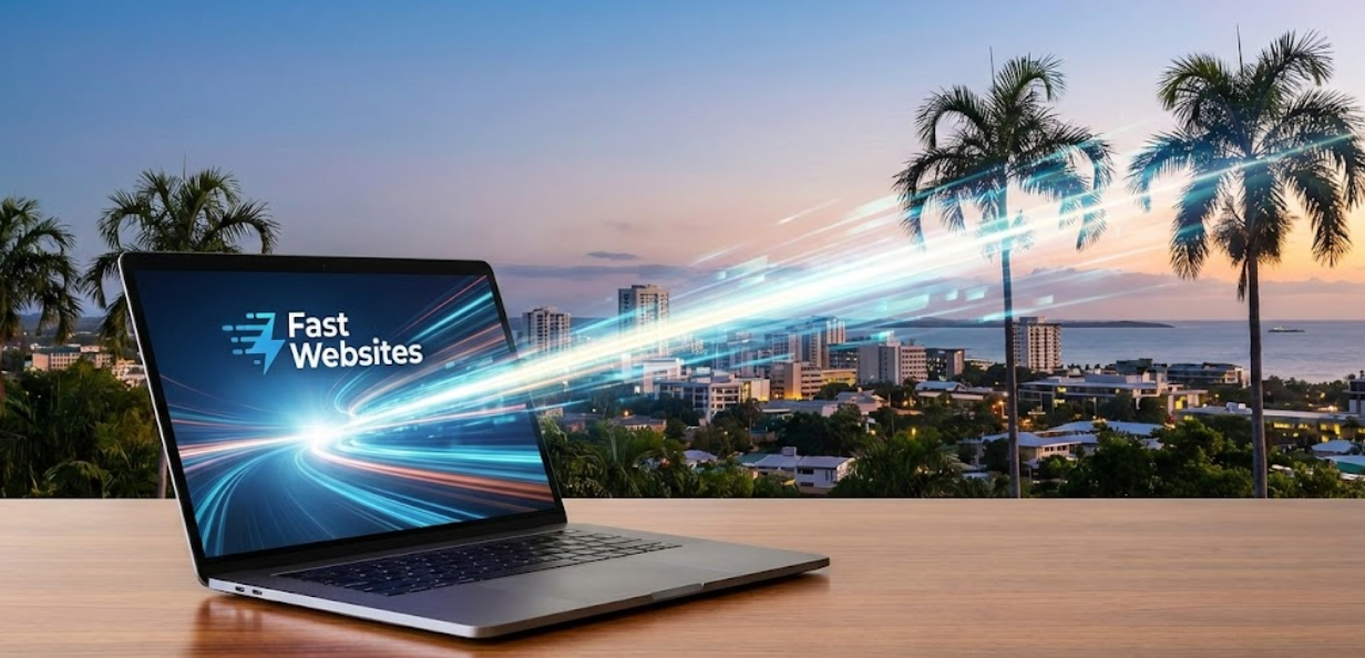 A modern laptop sits on a desk, displaying your "Fast Websites" logo. A high-speed light trail blasts from the screen over a beautiful Darwin cityscape at dusk.