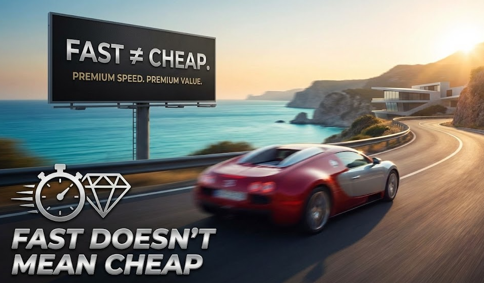 A landscape illustration comparing 'Fast' versus 'Cheap' web design. On the left, a 'Cheap' layout is shown as messy, with duct tape and errors. On the right, a 'Fast' layout is shown as a high-performance race car engine—sleek, efficient, and premium. The text 'Fast ≠ Cheap' highlights that speed is a result of efficiency, not cutting corners.