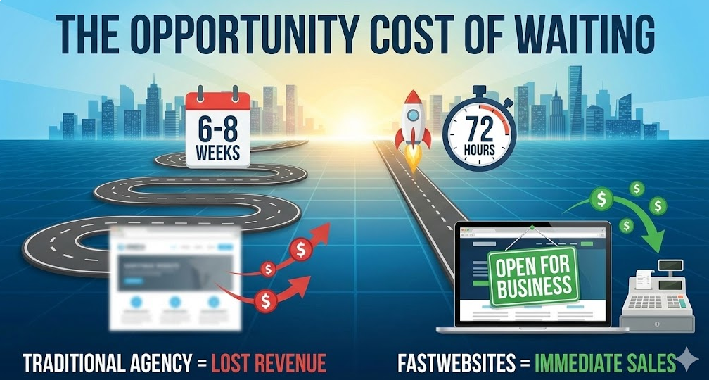 Graphic illustrating opportunity cost: An hourglass turning time into money, comparing a 6-week wait time versus a 72-hour launch.