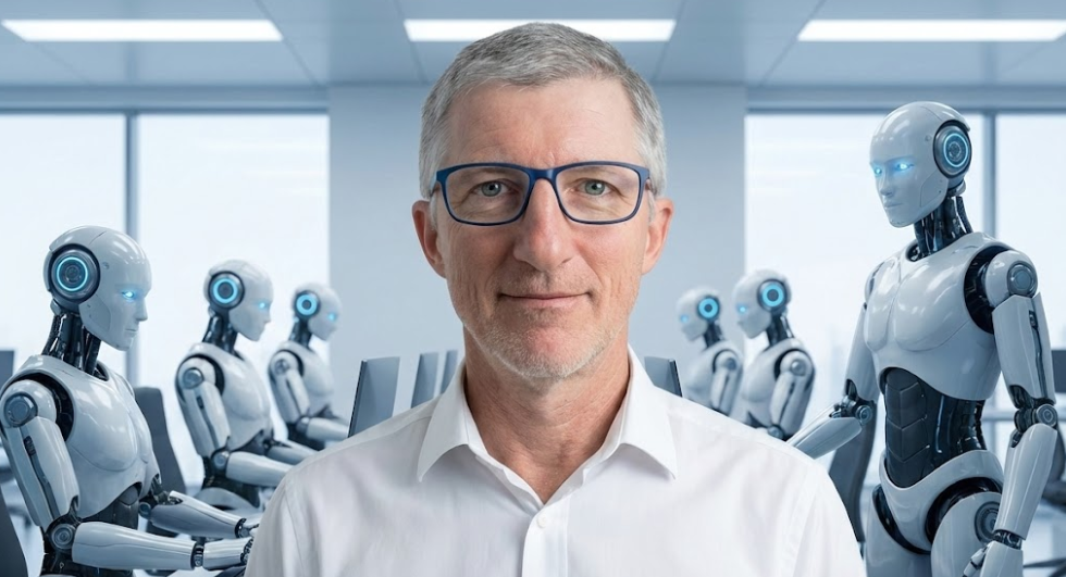 A portrait of wayne with grey hair and blue-framed glasses, wearing a white button-up shirt, standing in front of a team of humanoid robots in a modern office setting, symbolizing human leadership backed by artificial intelligence.