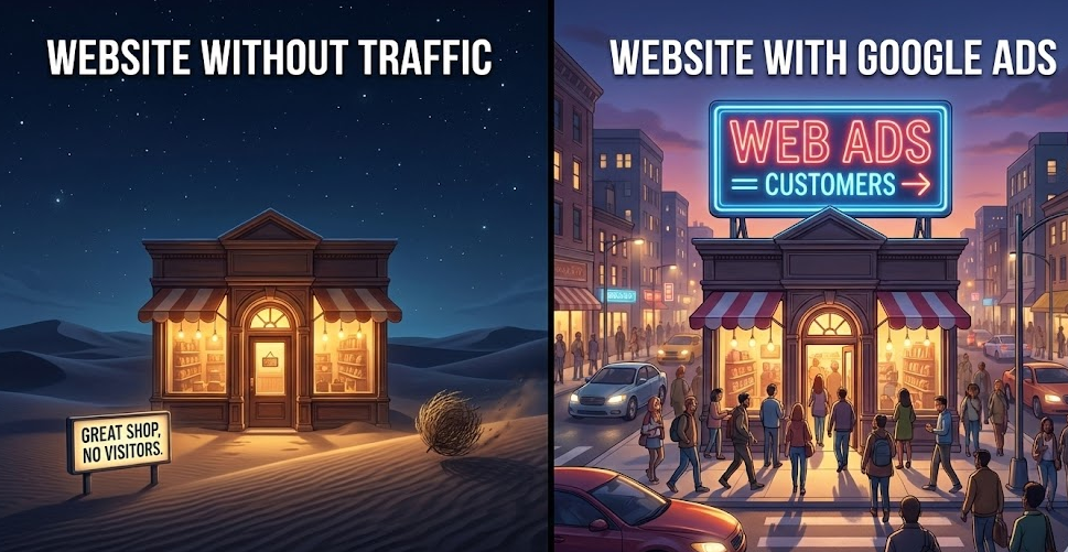 A split screen illustration. Left side: A beautiful, glowing shop in the middle of a dark, empty desert (representing a site without traffic). Right side: The same shop on a busy street with a bright neon sign pointing to it, full of customers