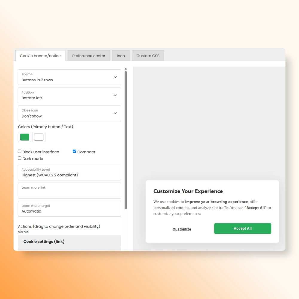CookieHub banner customization settings